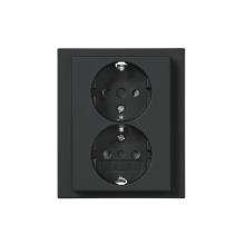 Socket outlet, Schuko, 2-gang, shuttered, screwless terminals, branching terminals, black matt