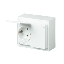 Socket outlet, Impressivo IP44, 2-gang Schuko, shuttered, screwless terminals, branching terminals, white
