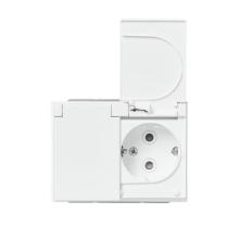 Schuko socket outlet, Impressivo, 2-gang with lid, shuttered, screwless terminals, branching terminals, white matt