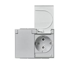 Schuko socket outlet, Impressivo, 2-gang with lid, shuttered, screwless terminals, branching terminals, aluminium