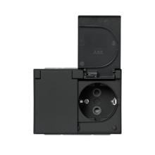 Schuko socket outlet, Impressivo, 2-gang with lid, shuttered, screwless terminals, branching terminals, black matt
