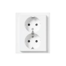 Socket outlet, Schuko, 2-gang, shuttered, screwless terminals, branching terminals, white matt