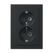 Socket outlet, Schuko, 2-gang, shuttered, screwless terminals, branching terminals, flat, matt black