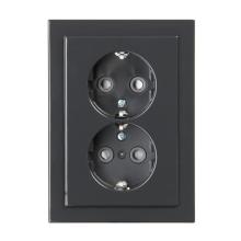 Socket outlet, Schuko, 2-gang, shuttered, screwless terminals, branching terminals, flat, anthracite