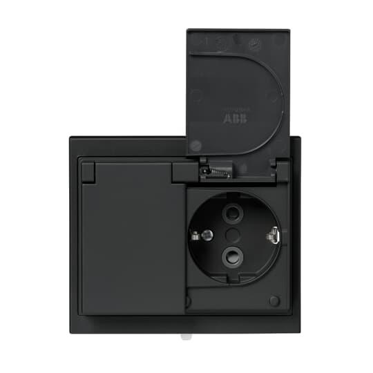 Socket outlet, Impressivo, Schuko, 2-gang, shuttered, screwless terminals, branching terminals, black matt, IP44